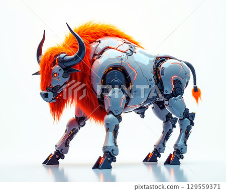 Robot buffalo with orange mane showcases futuristic design and technology in a sleek, minimalist style 129559371