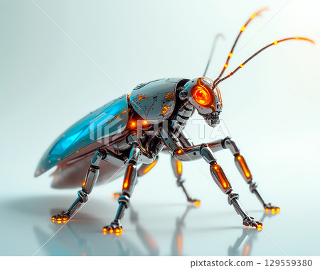 Robotic insect design with intricate details and glowing accents positioned against a soft background Robotic insect design with intricate details and glowing accents positioned against a soft background 129559380