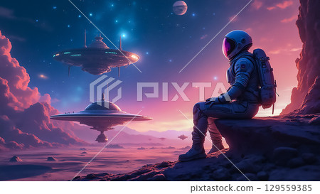 Astronaut observes two futuristic spacecraft under a vibrant alien sky during twilight on an unknown planet 129559385