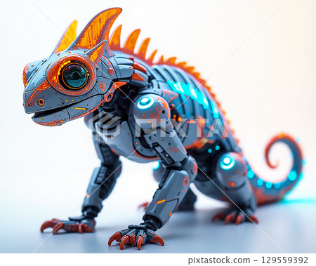 Unique robotic lizard with vibrant colors and futuristic design on display in a modern studio setting 129559392
