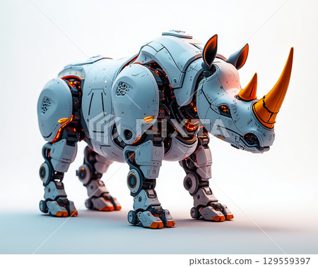 Futuristic robotic rhinoceros in a minimalist setting with glowing features 129559397