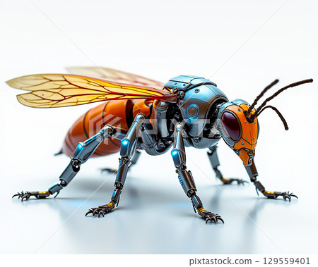 Realistic robotic bee design showcasing intricate details and vivid colors on a clean background 129559401