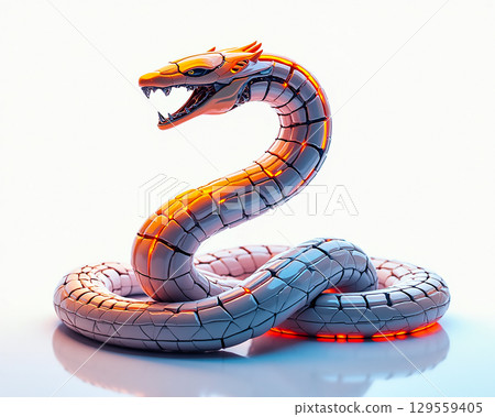 Intricately designed serpent figure with illuminated features and dynamic pose in a bright background Intricately designed serpent figure with illuminated features and dynamic pose in a bright background 129559405