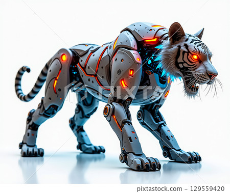 Robotic tiger crouching with glowing elements in a futuristic design and showcasing advanced technology Robotic tiger crouching with glowing elements in a futuristic design and showcasing advanced technology 129559420
