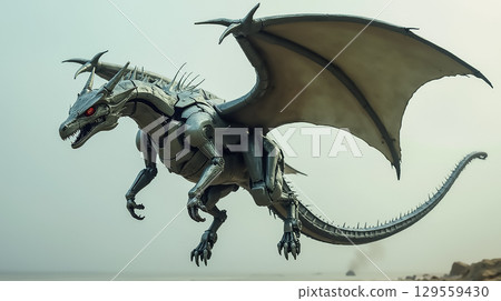 Metallic dragon soaring above rocky landscape at dusk with detailed features and intense red eyes Metallic dragon soaring above rocky landscape at dusk with detailed features and intense red eyes 129559430