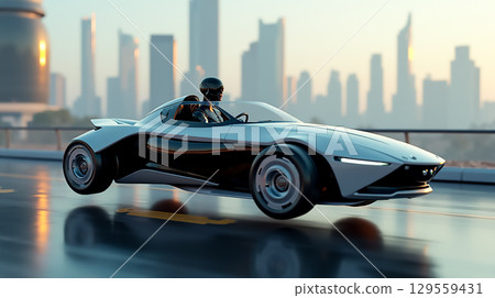 Futuristic electric car driving on a sleek highway with a city skyline at sunset Futuristic electric car driving on a sleek highway with a city skyline at sunset 129559431