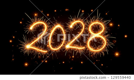 Numbers celebrating the upcoming New Year with bright sparks and fireworks illuminating the year 2028 in a festive atmosphere Numbers celebrating the upcoming New Year with bright sparks and fireworks illuminating the year 2028 in a festive atmosphere 129559440