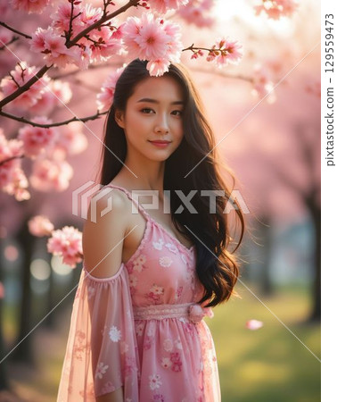 Beautiful woman in pink dress standing among cherry blossom trees during springtime Beautiful woman in pink dress standing among cherry blossom trees during springtime 129559473