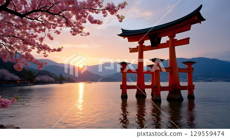 Beautiful sunset over a traditional torii gate surrounded by cherry blossoms near a calm lake 129559474
