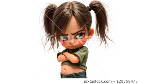 Cute animated girl with pigtails displaying an angry expression while crossing her arms in a simple setting Cute animated girl with pigtails displaying an angry expression while crossing her arms in a simple setting 129559475
