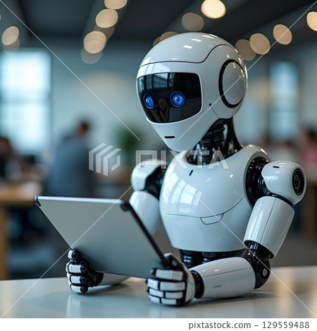 Robot with tablet explores technology in modern office environment during daytime 129559488