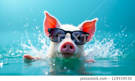 Cute pig in sunglasses swimming in clear blue water during sunny day 129559530