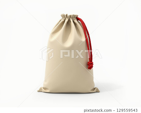 Beige drawstring bag with red cord detail positioned against a plain background Beige drawstring bag with red cord detail positioned against a plain background 129559543