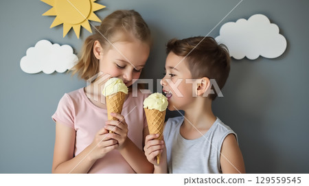 Kids enjoy delicious ice cream cones together under a playful sun and cloud background in a cheerful indoor setting 129559545