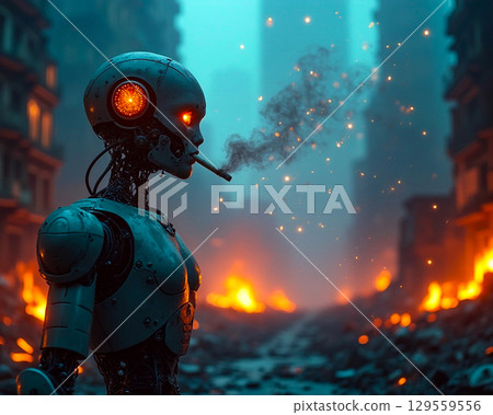 Robot stands amid a desolate urban landscape, exhaling smoke, as glowing embers flicker in the background at dusk Robot stands amid a desolate urban landscape, exhaling smoke, as glowing embers flicker in the background at dusk 129559556