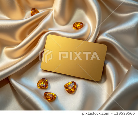 Luxurious golden card surrounded by sparkling amber gems on satin fabric Luxurious golden card surrounded by sparkling amber gems on satin fabric 129559560