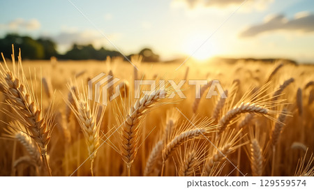 Wheat field in golden light at sunset highlighting the beauty of nature Wheat field in golden light at sunset highlighting the beauty of nature 129559574