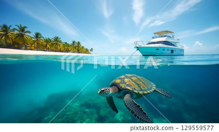 Underwater scene features a sea turtle swimming near a luxury yacht on a tropical beach with clear turquoise waters 129559577