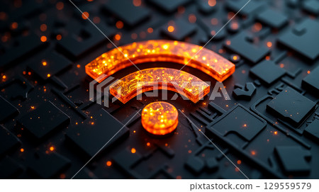 Wi-Fi symbol glowing with orange sparks on a black circuit board background in a modern digital setting Wi-Fi symbol glowing with orange sparks on a black circuit board background in a modern digital setting 129559579