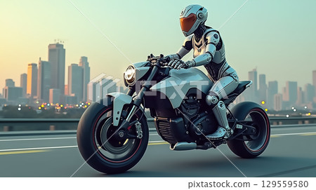 Rider in futuristic suit cruising on sleek motorcycle through city skyline during sunset Rider in futuristic suit cruising on sleek motorcycle through city skyline during sunset 129559580