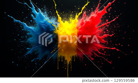 Vibrant splashes of blue, yellow, and red paint represent the colors of the Romanian flag in an abstract art display 129559586