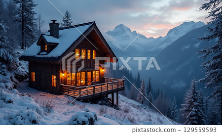 Cozy wooden cabin surrounded by snow-covered mountains at dusk Cozy wooden cabin surrounded by snow-covered mountains at dusk 129559593