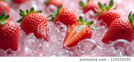 Fresh strawberries on ice with a vibrant pink background creating an appealing culinary display 129559595