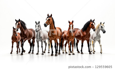 Group of horses standing together in a bright studio setting showing diverse breeds and colors in the early afternoon light 129559605