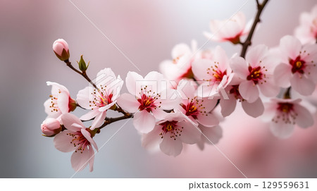 Pink cherry blossom branches blooming in spring under soft sunlight Pink cherry blossom branches blooming in spring under soft sunlight 129559631