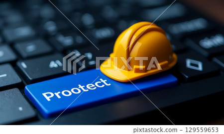 Yellow construction helmet placed on a keyboard key signifying safety and protection in workplace environments 129559653
