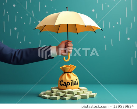Protecting financial assets with an umbrella over a sack of cash on a colorful background 129559654
