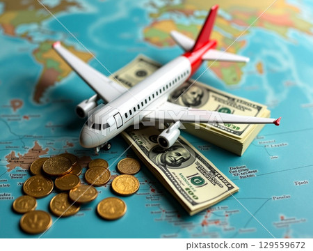 Planning a journey with a model airplane and currency on a world map Planning a journey with a model airplane and currency on a world map 129559672