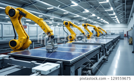 Robotic arms assembling solar panels in a modern manufacturing facility during daylight hours 129559675