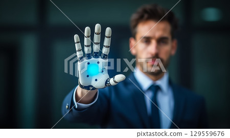 Robot hand demonstration showcases advanced technology in human interaction at a modern business conference 129559676
