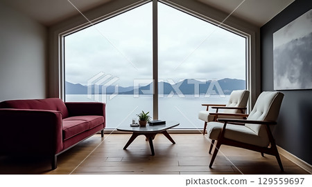 Cozy modern living space with stunning mountain view beside a tranquil lake during a cloudy day 129559697