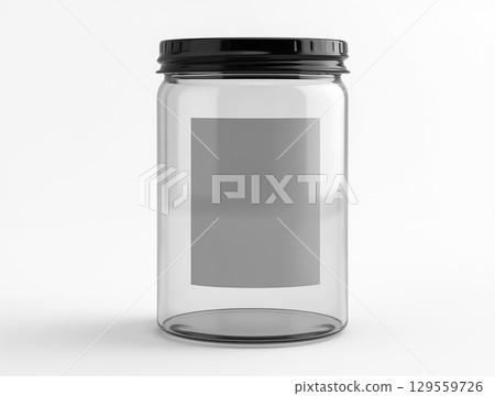 Clear glass jar with black lid and blank label for versatile storage solutions Clear glass jar with black lid and blank label for versatile storage solutions 129559726