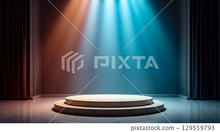 Well-lit stage area with colorful lighting ready for a performance in a theater setting 129559793
