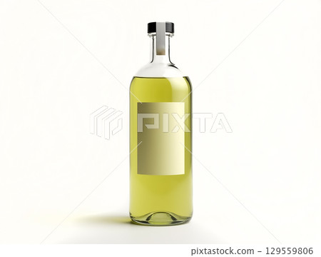 Unique glass bottle filled with light green liquid showcasing minimalistic design on a plain background 129559806