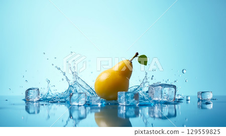 Yellow pear splashes in water surrounded by ice cubes against a blue background 129559825