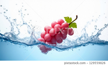 Fresh pink grapes splash into crystal clear water producing vibrant droplets Fresh pink grapes splash into crystal clear water producing vibrant droplets 129559826