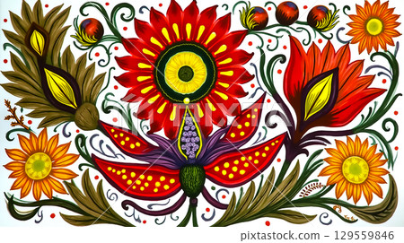 Vibrant floral design showcasing traditional art style with bright colors and intricate details 129559846