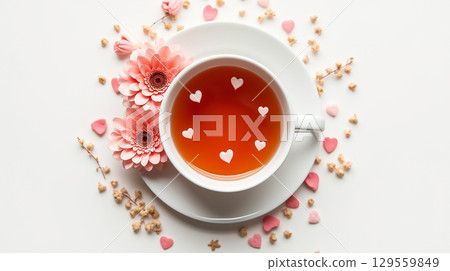Heart-shaped tea with flowers, creating a romantic atmosphere for a cozy afternoon Heart-shaped tea with flowers, creating a romantic atmosphere for a cozy afternoon 129559849
