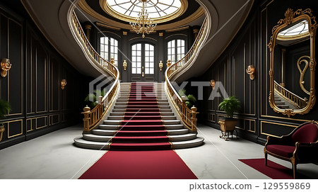 Elegant grand staircase in luxurious mansion featuring ornate design and stylish decor 129559869