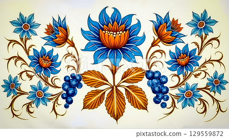 Colorful floral design featuring blue flowers and grapes on a light background 129559872