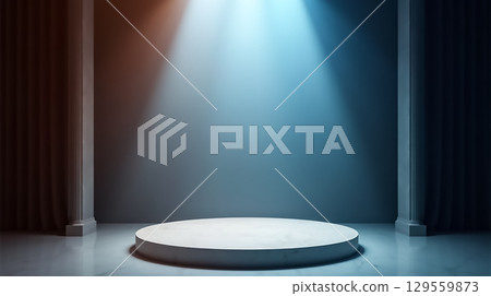 Spotlight illuminates an empty stage ready for a performance in a dimly lit theater Spotlight illuminates an empty stage ready for a performance in a dimly lit theater 129559873