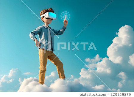 Child explores virtual reality while standing on clouds under a clear blue sky 129559879