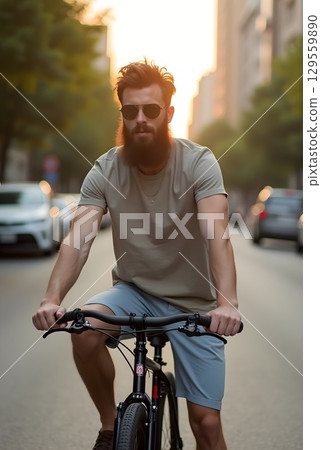 Young man cycling through city streets during sunset with urban buildings in background 129559890