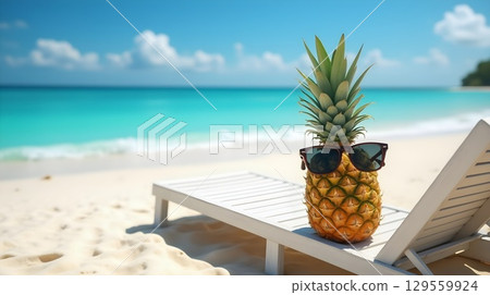Pineapple wearing sunglasses relaxing on a beach chair on a sunny day by the ocean shore Pineapple wearing sunglasses relaxing on a beach chair on a sunny day by the ocean shore 129559924
