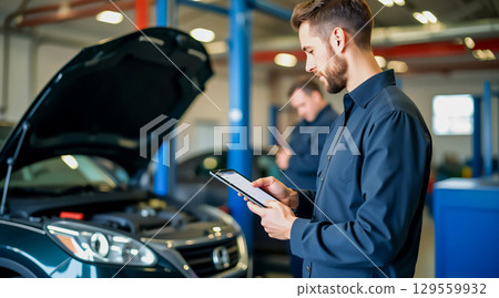 Technician checks vehicle diagnostics while working in an automotive repair garage during daylight hours 129559932