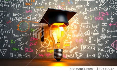 A graduation cap atop a glowing light bulb against a backdrop of mathematical equations and scientific symbols 129559952